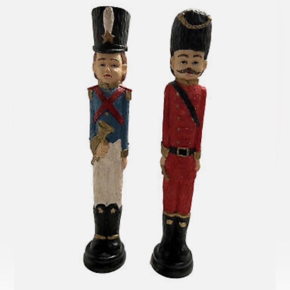 Vntg Set Red Uniformed Wood Look Resin Figurine Guard & Blue Soldier W/Bugle 12
